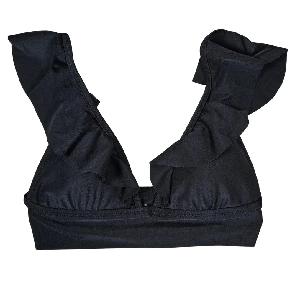 Aerie Black Ruffle‎ Triangle Bikini Swim Top Small XS Adjustable Straps
